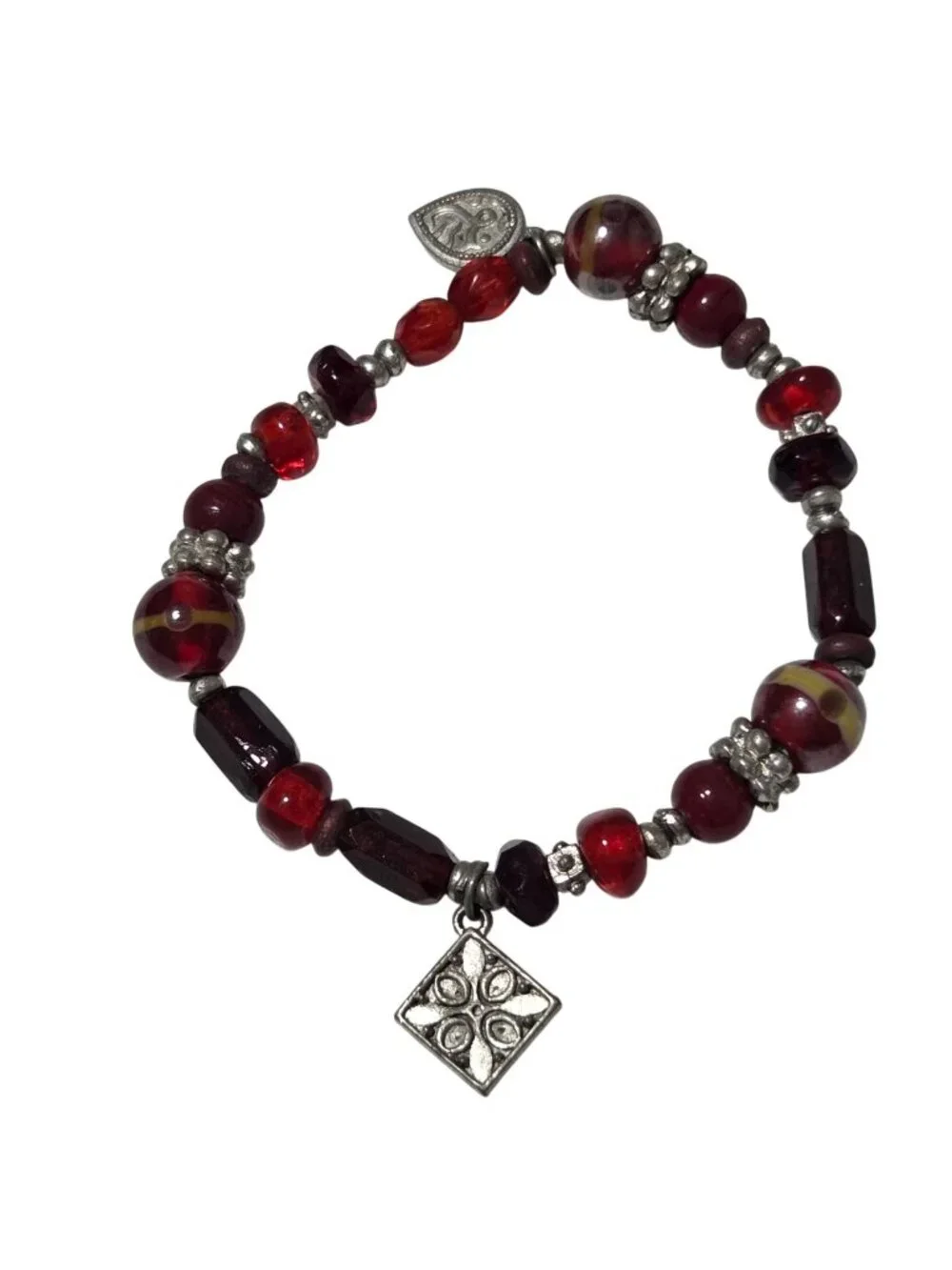 Retro Beaded Charm Bracelet Stretch Red Silver Handmade Fashion Jewelry Women